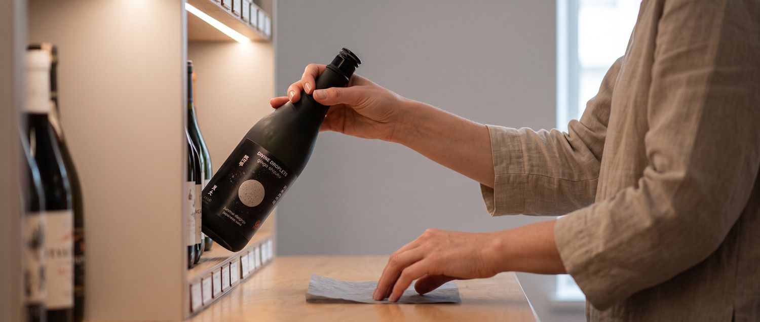 Hands hold a dark sake bottle whose label reads like a generated brand, Divine Droplets.