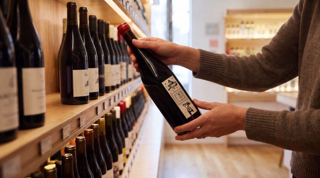 Hands hold a dark bottle with an illustrated label in front of a pale wine wall.