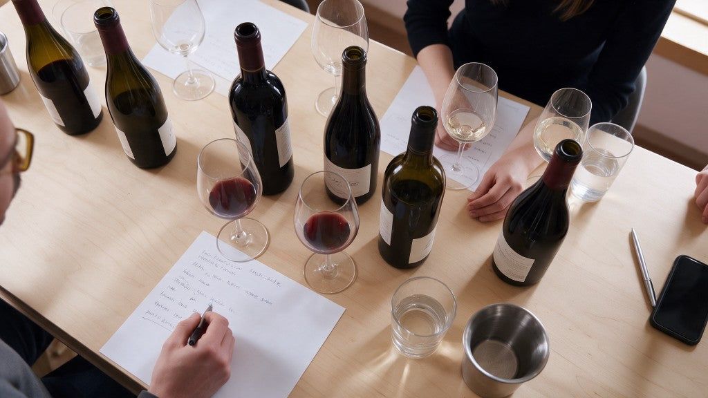 Overhead of a tasting table with bottles, glasses, and notes, from the same generated scene as the homepage tasting.