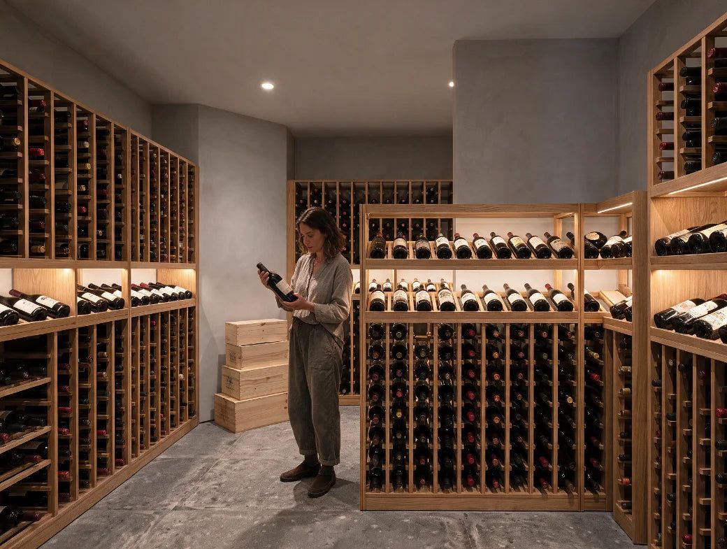 A woman in a large concrete and oak wine cellar.