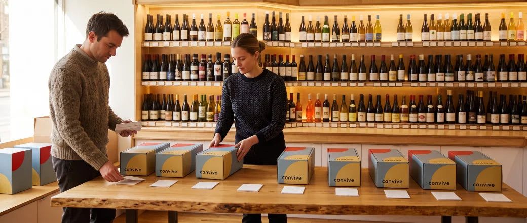 Two generated people line up a row of convive gift boxes.