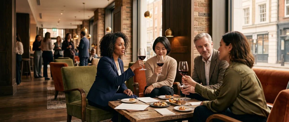 Four professionals toast with red wine in a restaurant lounge that is not Convive.