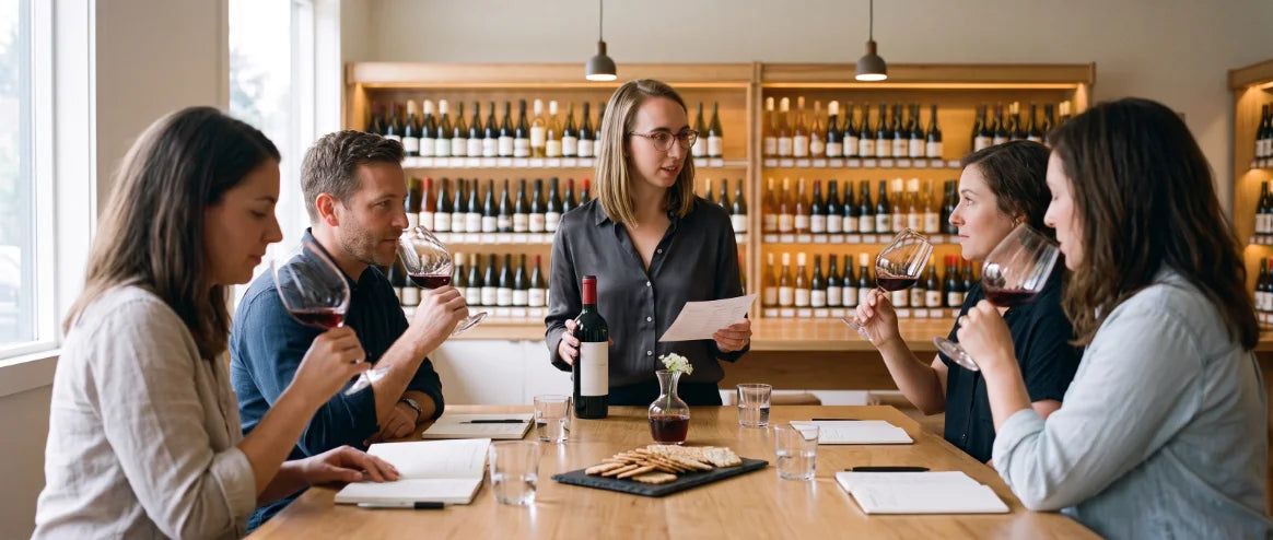 A generated host with glasses stands at the head of a tasting table while four people smell wine.