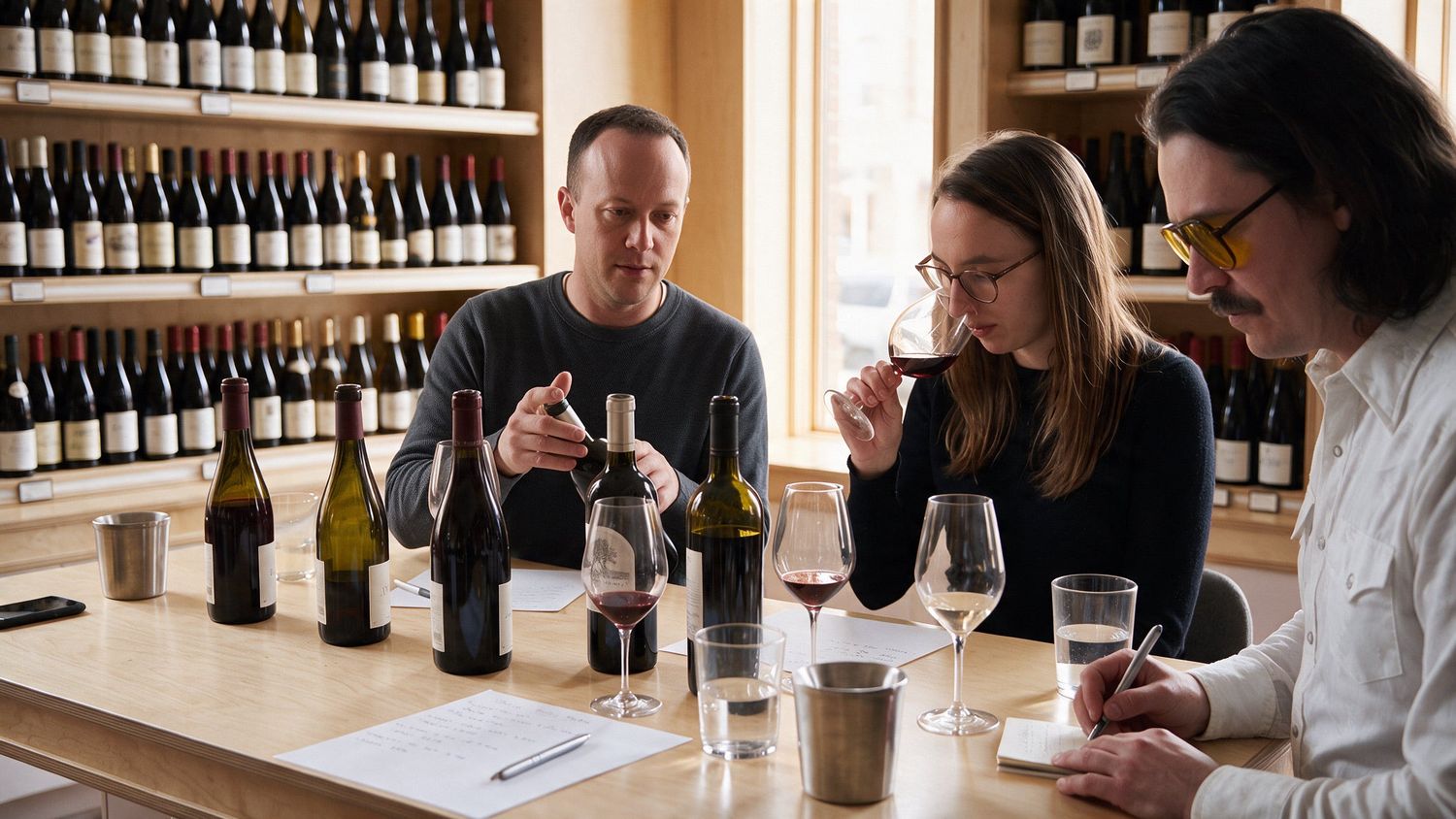 Three generated people taste wine at a pale table.